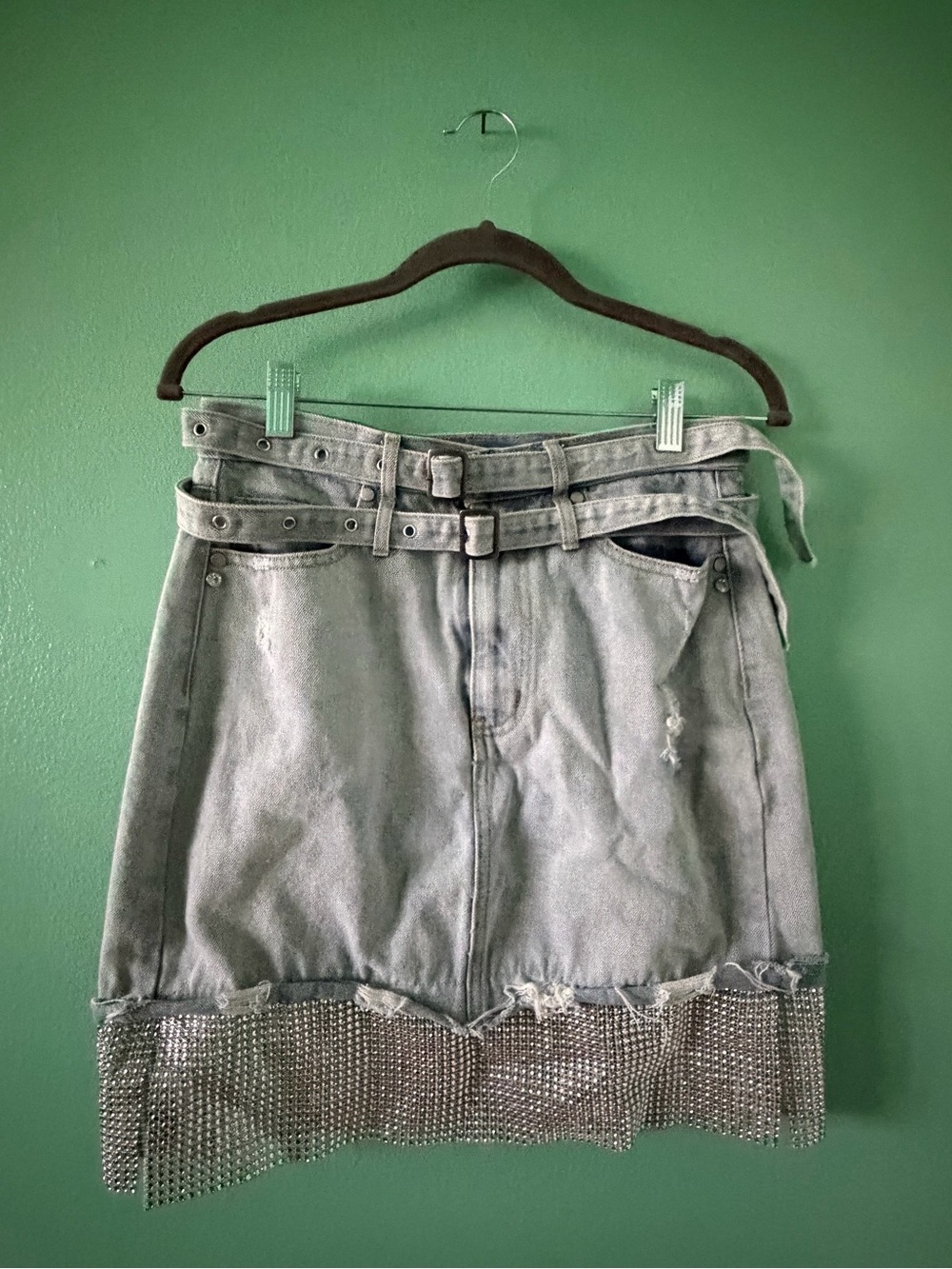 VENUS Light Gray Denim Mini Skirt with Rhinestone Fringe